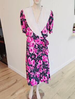 Vtg 90s Liz Roberts Purple Rayon Dress Shawl Collar Shoulder Pads Cottage 16